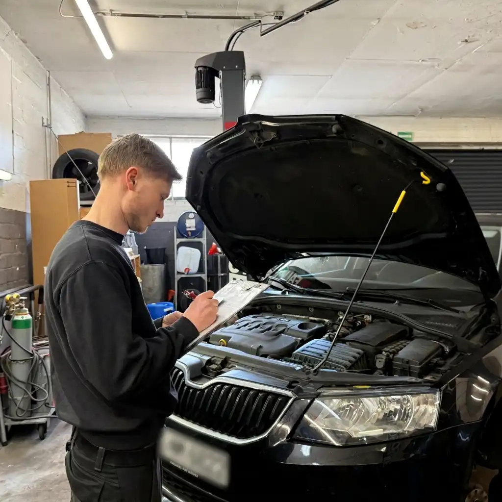 Mechaniker prüft Auto in Werkstatt mit Liste.